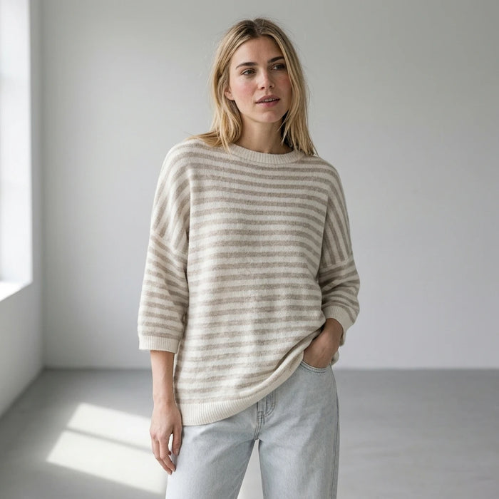 Hushmode — Fluffy Striped Sweater — Beige