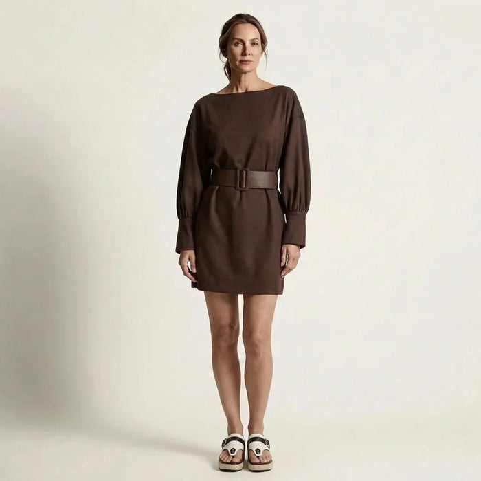 Hushmode - Textured Knit Belted Mini Dress
