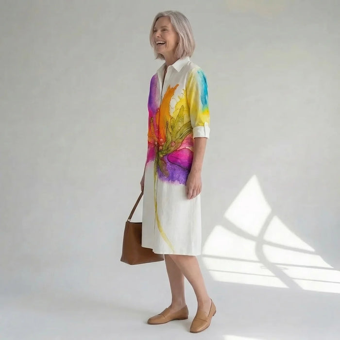 Hushmode - Watercolor Floral Midi Shirt Dress