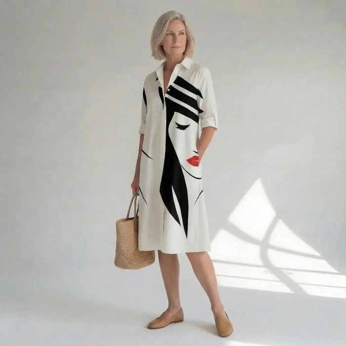Hushmode - Artistic Print Midi Shirt Dress